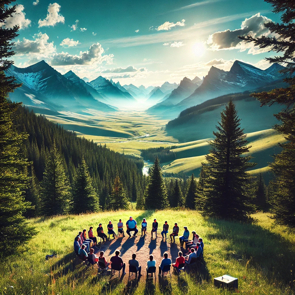 DALL·E 2024-12-27 13.04.59 – A scenic view of Montana’s mountains and valleys with a focus on community and recovery. The image should feature a peaceful outdoor therapy session w Overcoming Stigma Around Alcohol Addiction Treatment in Montana